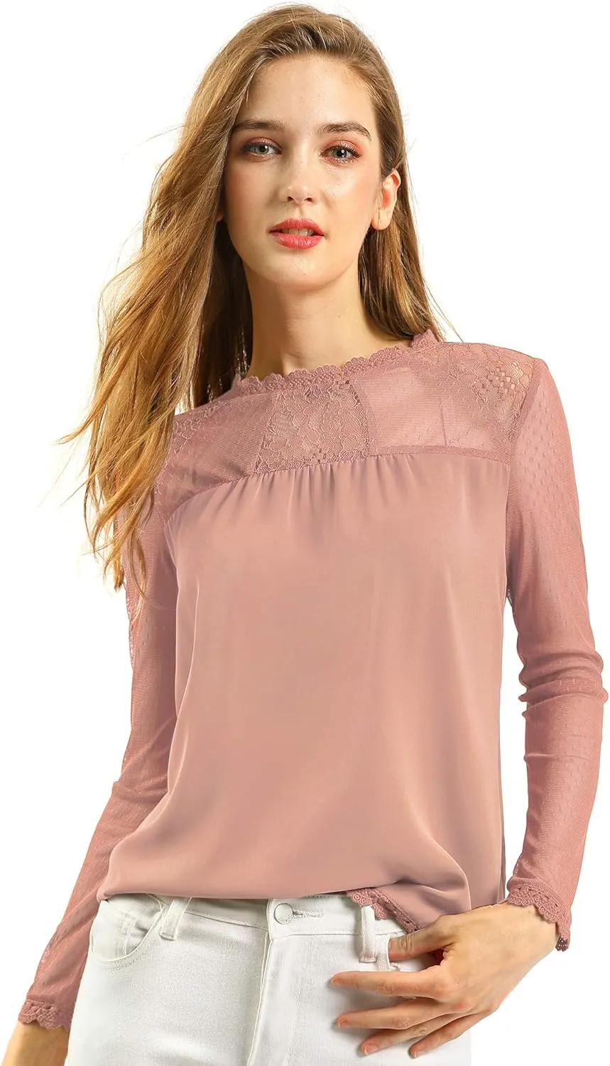 Allegra K Women's Chiffon Tops Elegant Wedding Guets Sheer Mesh Lace Long Sleeve Blouse