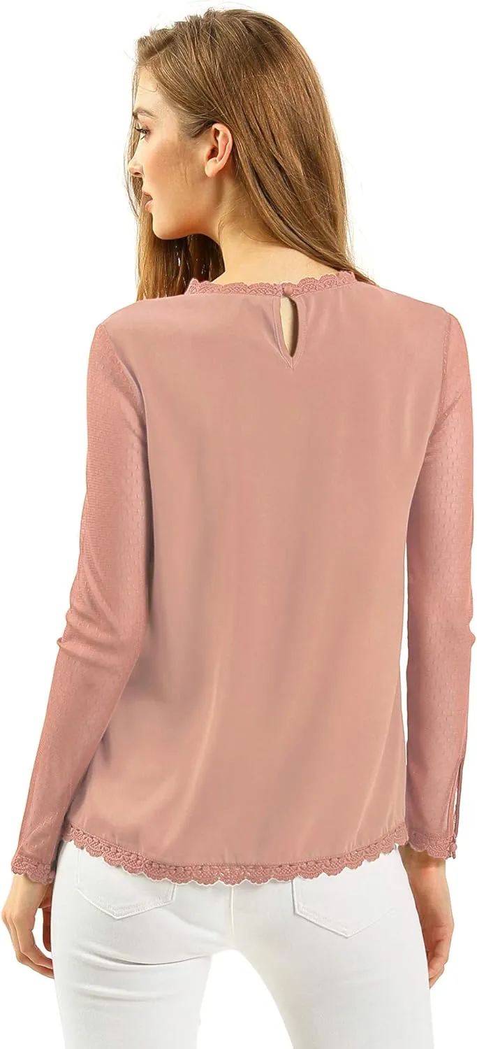 Allegra K Women's Chiffon Tops Elegant Wedding Guets Sheer Mesh Lace Long Sleeve Blouse