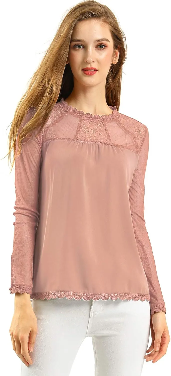 Allegra K Women's Chiffon Tops Elegant Wedding Guets Sheer Mesh Lace Long Sleeve Blouse