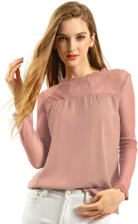Allegra K Women's Chiffon Tops Elegant Wedding Guets Sheer Mesh Lace Long Sleeve Blouse