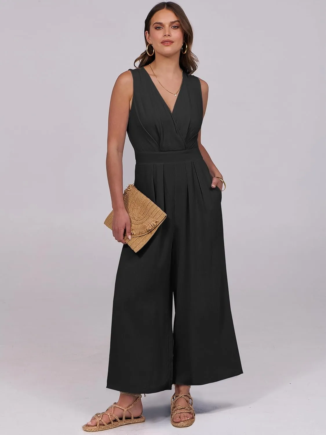 ANRABESS Women Jumpsuits Sleeveless V Neck Elegant Dressy Casual Backless One Piece Pants Romper 2025 Summer Outfits