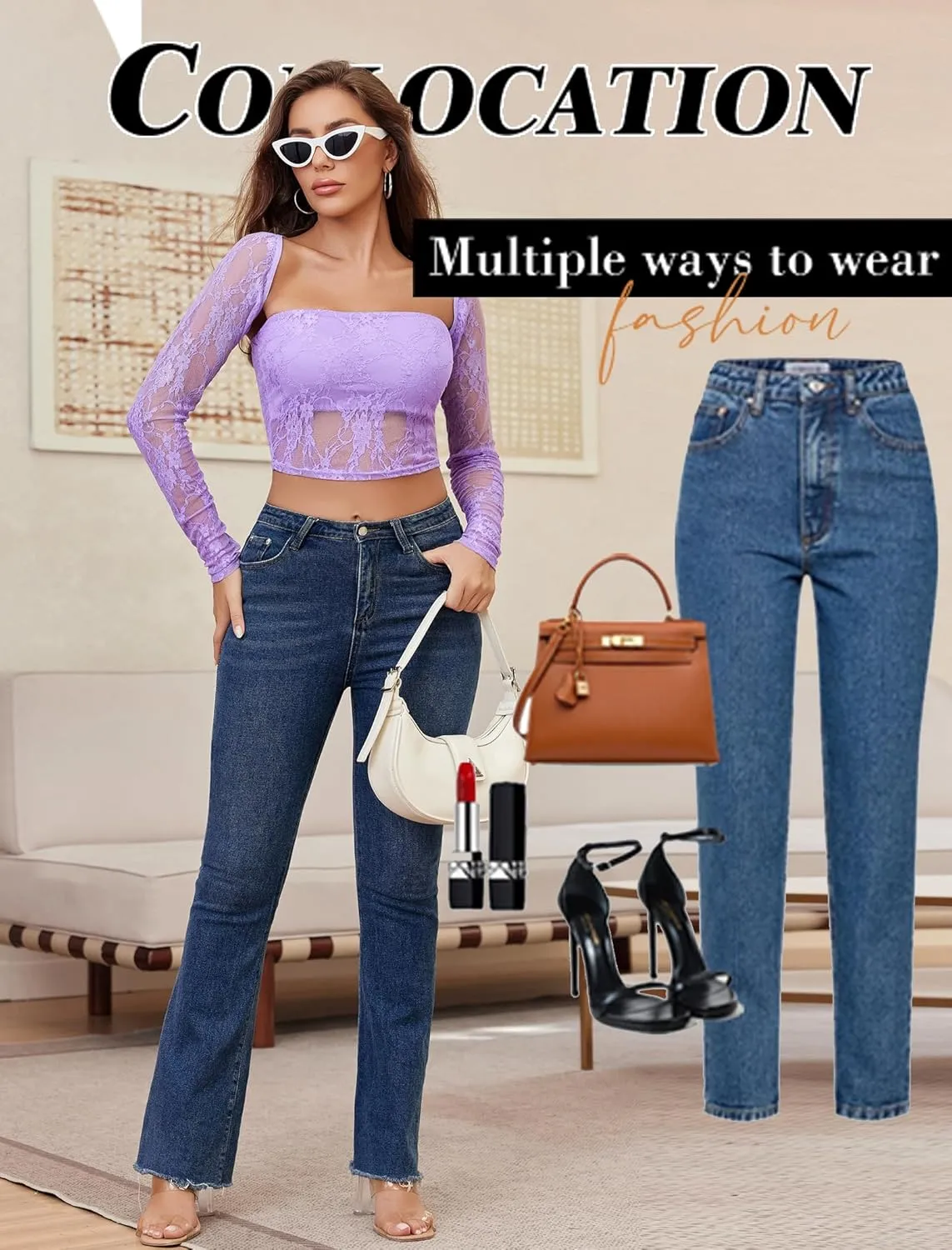 Avidlove Women's Mesh Tops Lace Long Sleeve Going Out Tops Square Neck Crop Top Shirt Strapless Tube Top and Bolero Set