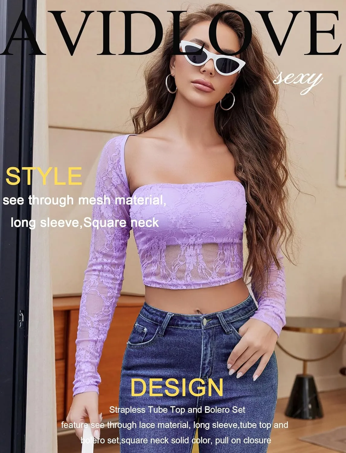 Avidlove Women's Mesh Tops Lace Long Sleeve Going Out Tops Square Neck Crop Top Shirt Strapless Tube Top and Bolero Set