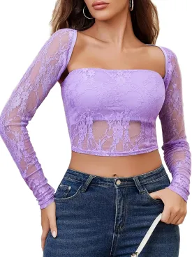 Avidlove Women's Mesh Tops Lace Long Sleeve Going Out Tops Square Neck Crop Top Shirt Strapless Tube Top and Bolero Set