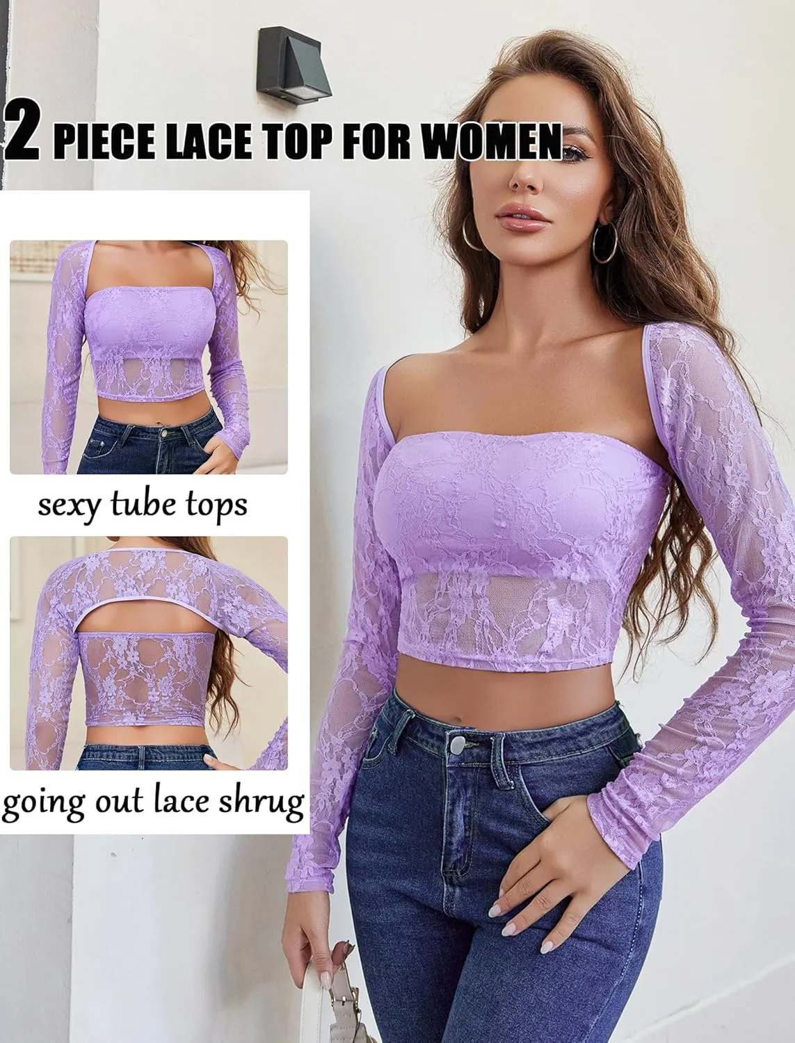 Avidlove Women's Mesh Tops Lace Long Sleeve Going Out Tops Square Neck Crop Top Shirt Strapless Tube Top and Bolero Set