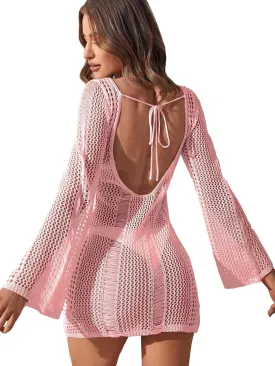 COZYEASE Women's Long Sleeve Backless Knitted Cover Up Swimsuit Hollow Out Crochet Swimwear Beach Dress
