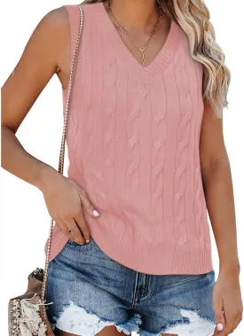 Fisoew Women's Sleeveless V-Neck Vintage Sweater Knitted Vest Casual Preppy Style