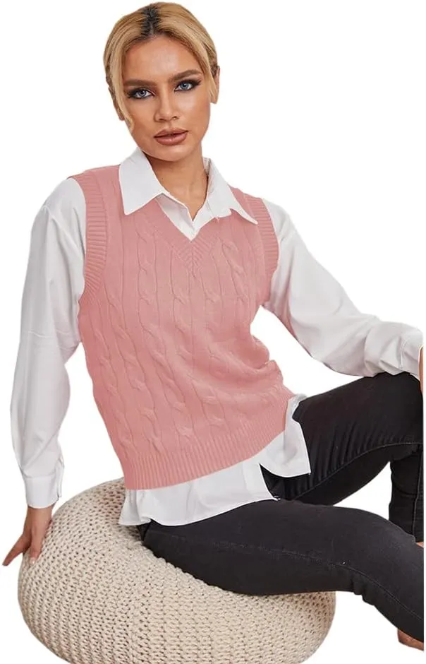 Fisoew Women's Sleeveless V-Neck Vintage Sweater Knitted Vest Casual Preppy Style