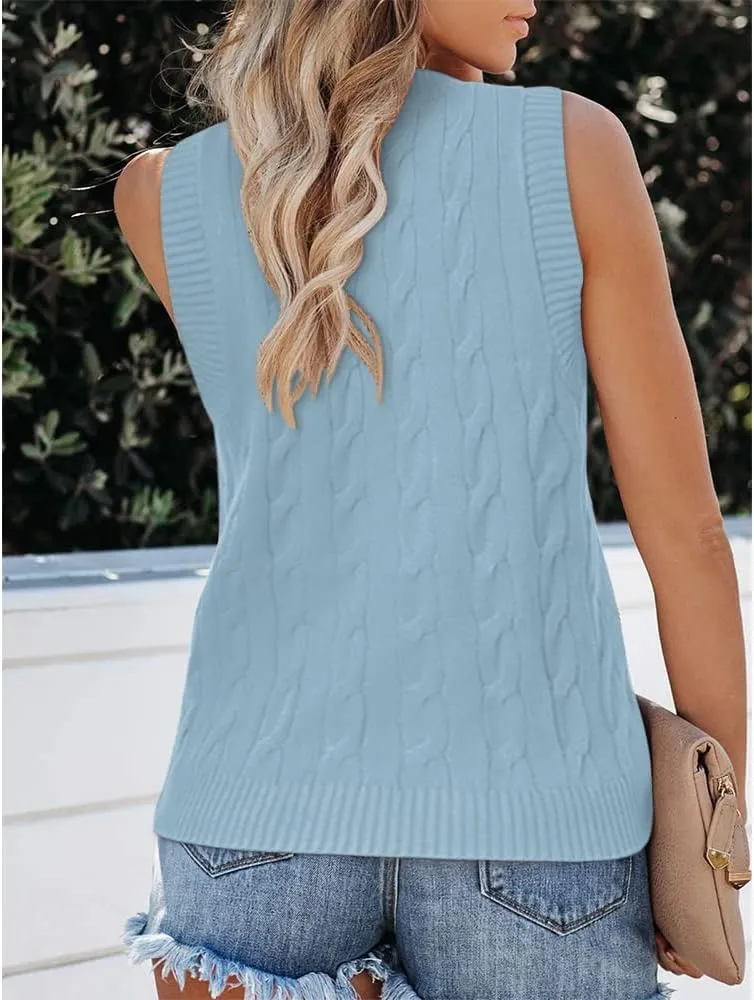 Fisoew Women's Sleeveless V-Neck Vintage Sweater Knitted Vest Casual Preppy Style