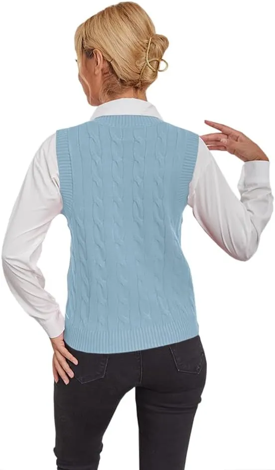 Fisoew Women's Sleeveless V-Neck Vintage Sweater Knitted Vest Casual Preppy Style