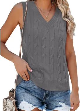 Fisoew Women's Sleeveless V-Neck Vintage Sweater Knitted Vest Casual Preppy Style
