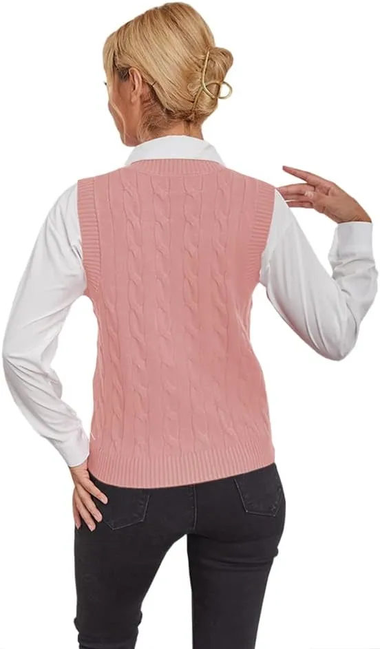 Fisoew Women's Sleeveless V-Neck Vintage Sweater Knitted Vest Casual Preppy Style