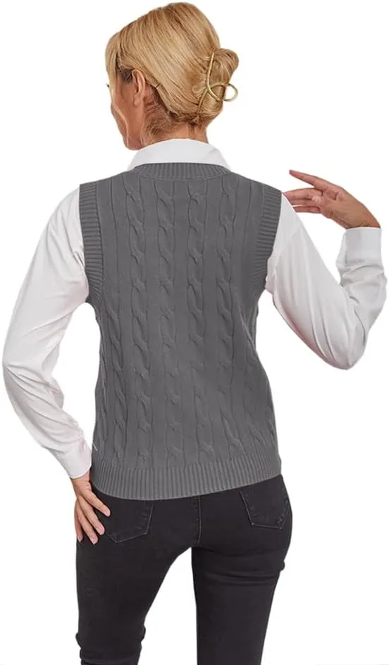 Fisoew Women's Sleeveless V-Neck Vintage Sweater Knitted Vest Casual Preppy Style