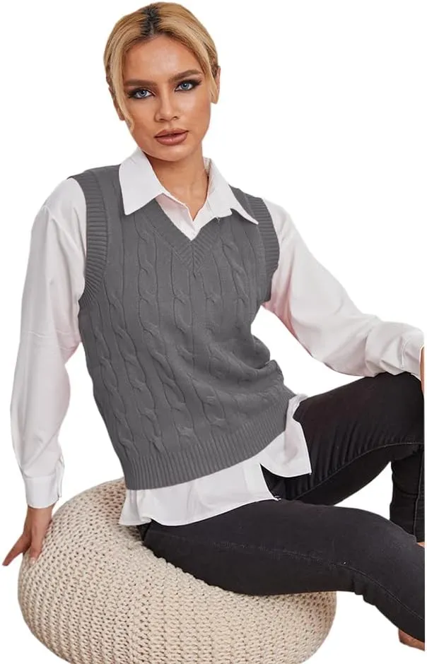 Fisoew Women's Sleeveless V-Neck Vintage Sweater Knitted Vest Casual Preppy Style