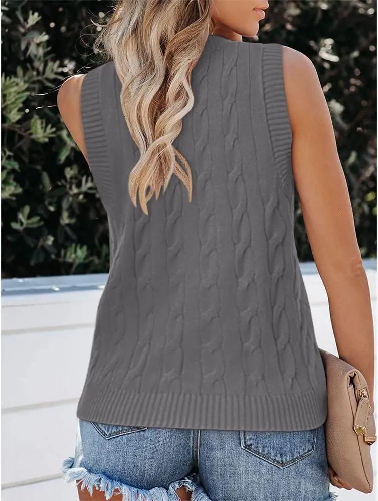 Fisoew Women's Sleeveless V-Neck Vintage Sweater Knitted Vest Casual Preppy Style
