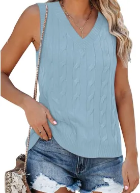 Fisoew Women's Sleeveless V-Neck Vintage Sweater Knitted Vest Casual Preppy Style