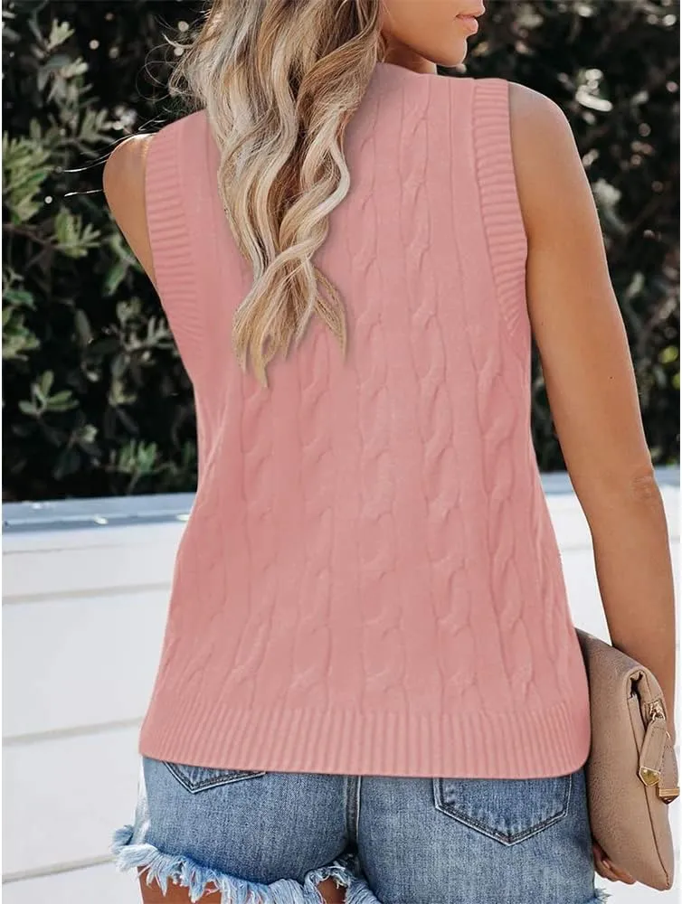 Fisoew Women's Sleeveless V-Neck Vintage Sweater Knitted Vest Casual Preppy Style