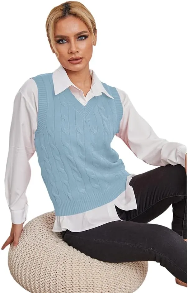 Fisoew Women's Sleeveless V-Neck Vintage Sweater Knitted Vest Casual Preppy Style