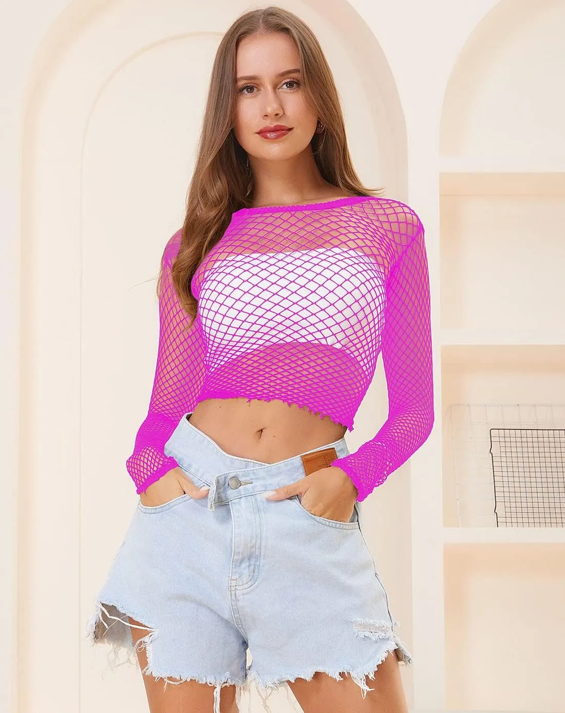 LEMON GIRL Women Fishnet Long Sleeve Crop Top Lingerie Babydoll Chemise Mesh Tops US2-16