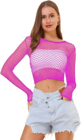 LEMON GIRL Women Fishnet Long Sleeve Crop Top Lingerie Babydoll Chemise Mesh Tops US2-16