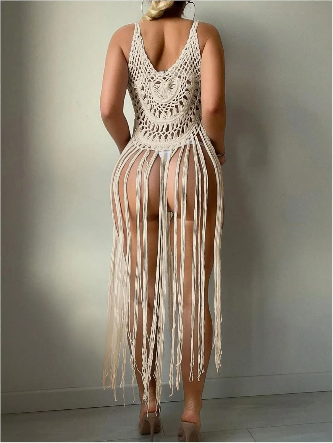 MakeMeChic Women's Crochet Fringe Cover Up Top Sleeveless Hollow Out Summer Beach Coverup