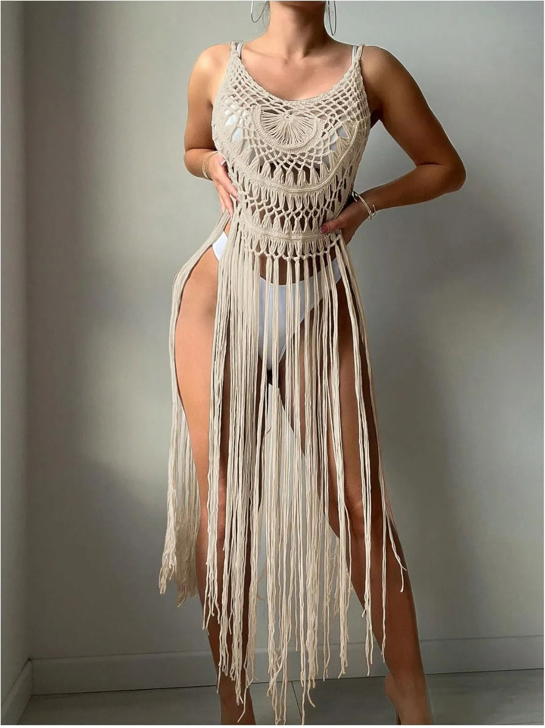 MakeMeChic Women's Crochet Fringe Cover Up Top Sleeveless Hollow Out Summer Beach Coverup