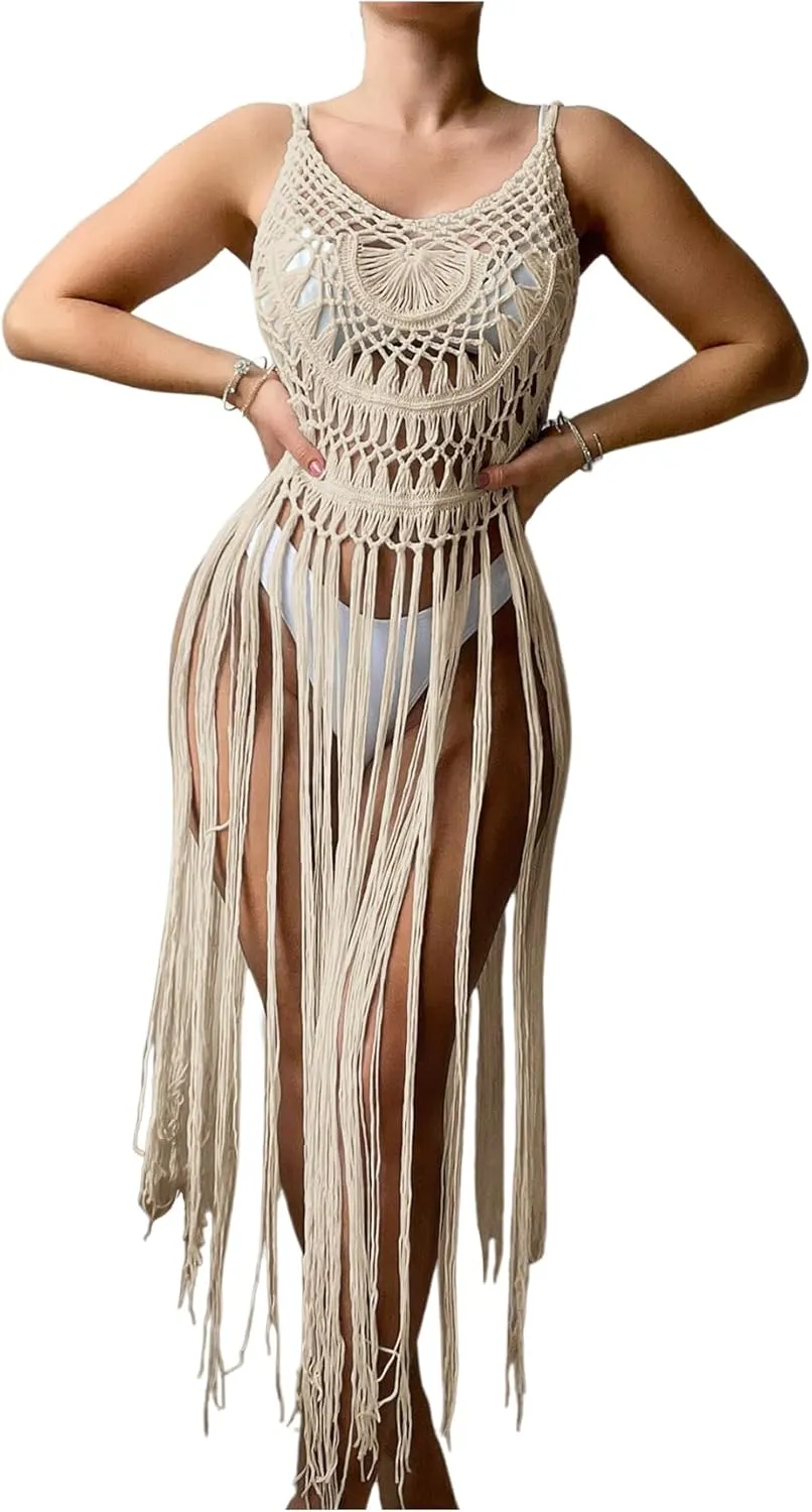 MakeMeChic Women's Crochet Fringe Cover Up Top Sleeveless Hollow Out Summer Beach Coverup