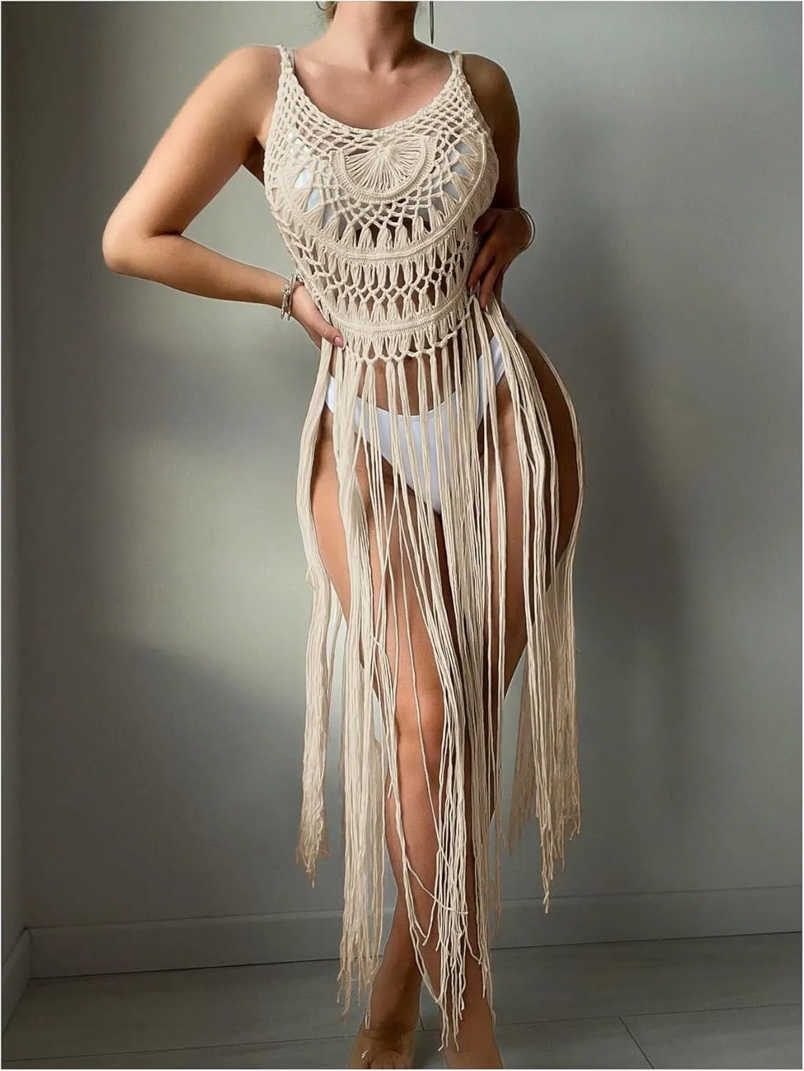 MakeMeChic Women's Crochet Fringe Cover Up Top Sleeveless Hollow Out Summer Beach Coverup