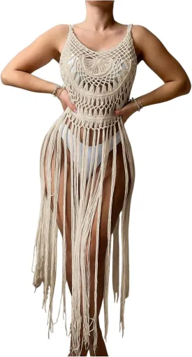 MakeMeChic Women's Crochet Fringe Cover Up Top Sleeveless Hollow Out Summer Beach Coverup
