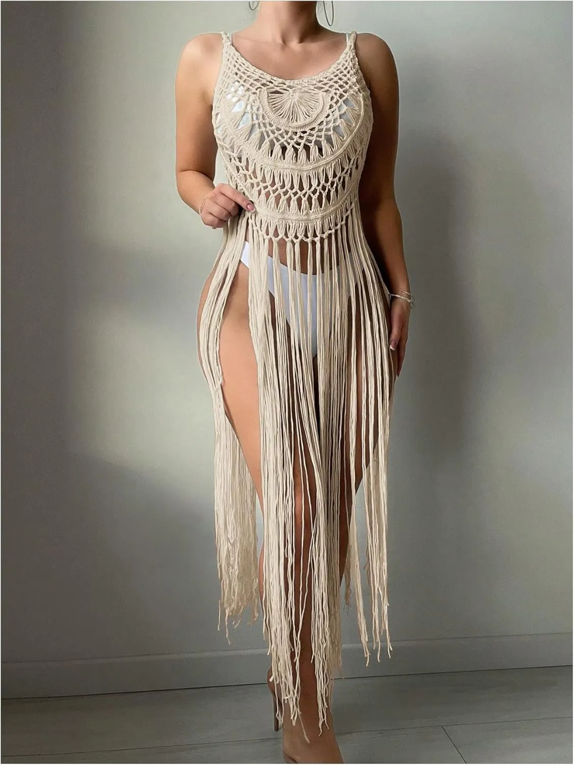 MakeMeChic Women's Crochet Fringe Cover Up Top Sleeveless Hollow Out Summer Beach Coverup