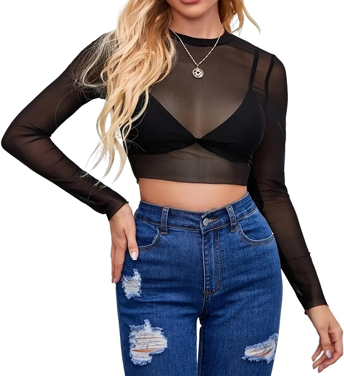 Mesh Crop Tops for Women Mock Neck Long Sleeve Crop Top See Through Shirt Top Sexy Clubwear