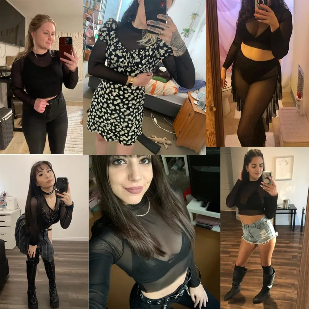 Mesh Crop Tops for Women Mock Neck Long Sleeve Crop Top See Through Shirt Top Sexy Clubwear