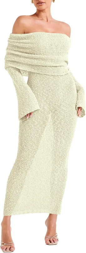 Off The Shoulder Maxi Dress Long Sleeve Beach Crochet Cover Up Summer Sexy Maxi Dresses S-2XL