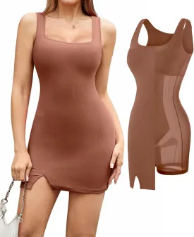 Popilush Cocktail Dresses for Women Built in Shapewear Bra 8 in 1 Square Neck Mini Slit Bodycon Summer Dress