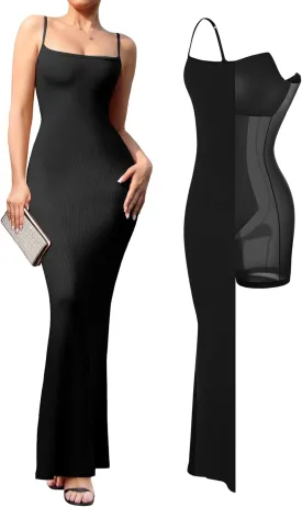 Popilush Summer Maxi Dress for Women - Cocktail Shapewear Dresses Built-in Bra Adjustable Straps Vacation Long Slip
