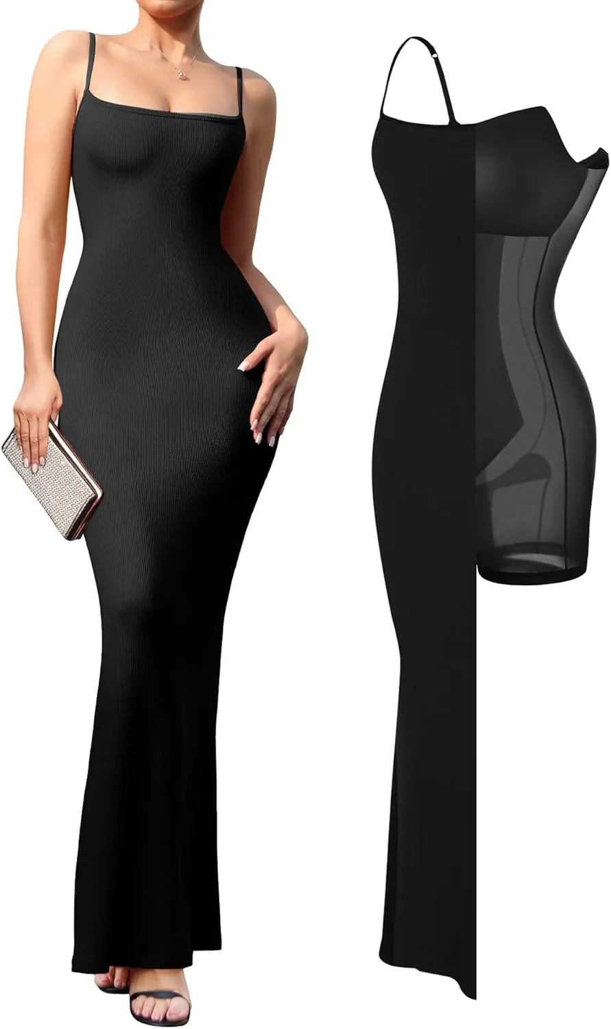 Popilush Summer Maxi Dress for Women - Cocktail Shapewear Dresses Built-in Bra Adjustable Straps Vacation Long Slip