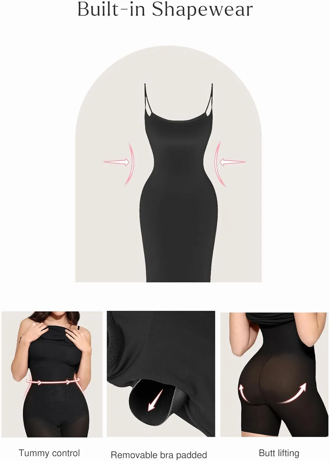 Popilush Summer Maxi Dress for Women - Cocktail Shapewear Dresses Built-in Bra Adjustable Straps Vacation Long Slip