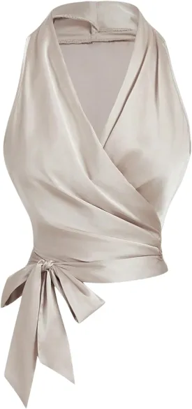 SHENHE Women's Satin Wrap Ruched Tie Side Tank Top Deep V Neck Sleeveless Elegant Blouse