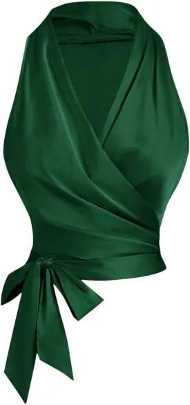 SHENHE Women's Satin Wrap Ruched Tie Side Tank Top Deep V Neck Sleeveless Elegant Blouse