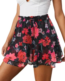 Siliteelon Flowy Boho Floral Skorts Ruffle Mini Chiffon Shorts for Women - Casual, Running, Tennis
