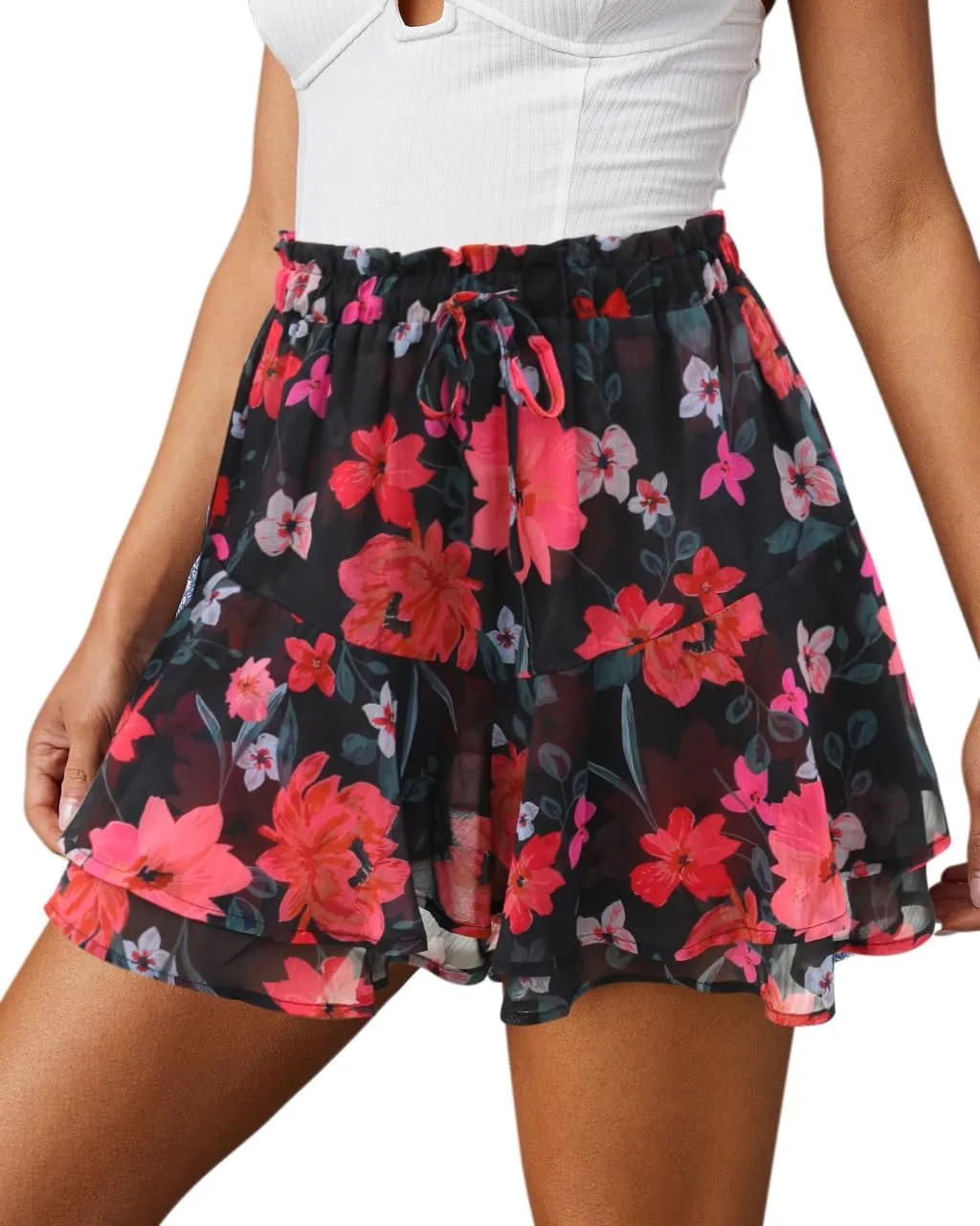 Siliteelon Flowy Boho Floral Skorts Ruffle Mini Chiffon Shorts for Women - Casual, Running, Tennis