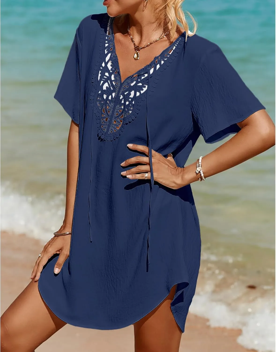 SimpleFun Womens Swimsuit Coverup Lace Crochet V Neck Bathing Suit Cover Up Dress Beach Cover Ups for Swimwear