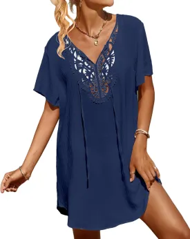 SimpleFun Womens Swimsuit Coverup Lace Crochet V Neck Bathing Suit Cover Up Dress Beach Cover Ups for Swimwear