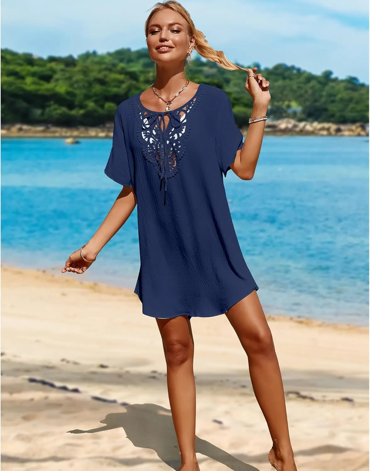 SimpleFun Womens Swimsuit Coverup Lace Crochet V Neck Bathing Suit Cover Up Dress Beach Cover Ups for Swimwear
