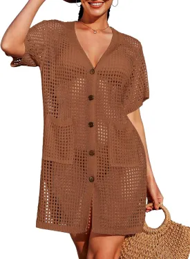 SOCIALA Swimsuit Cover up Women Button down Crochet Beach Dress Side Split Swim Bathing Suit Coverups Pocket Swimwear