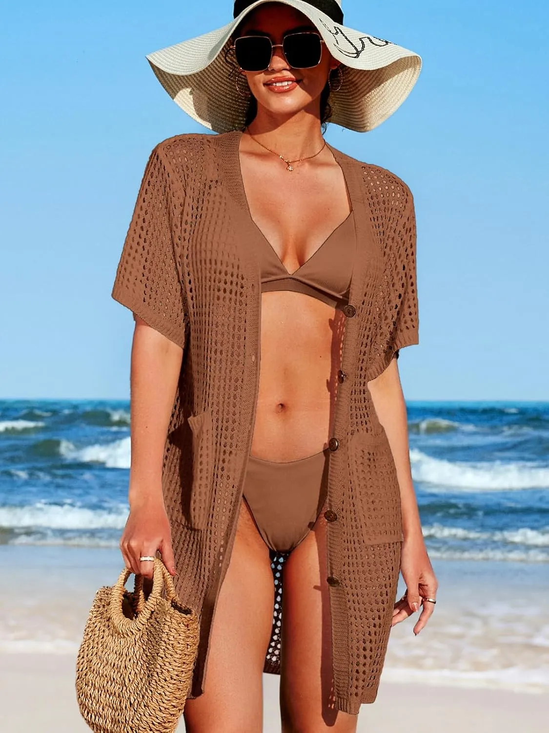 SOCIALA Swimsuit Cover up Women Button down Crochet Beach Dress Side Split Swim Bathing Suit Coverups Pocket Swimwear
