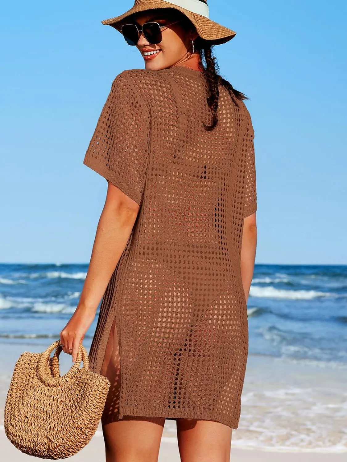 SOCIALA Swimsuit Cover up Women Button down Crochet Beach Dress Side Split Swim Bathing Suit Coverups Pocket Swimwear