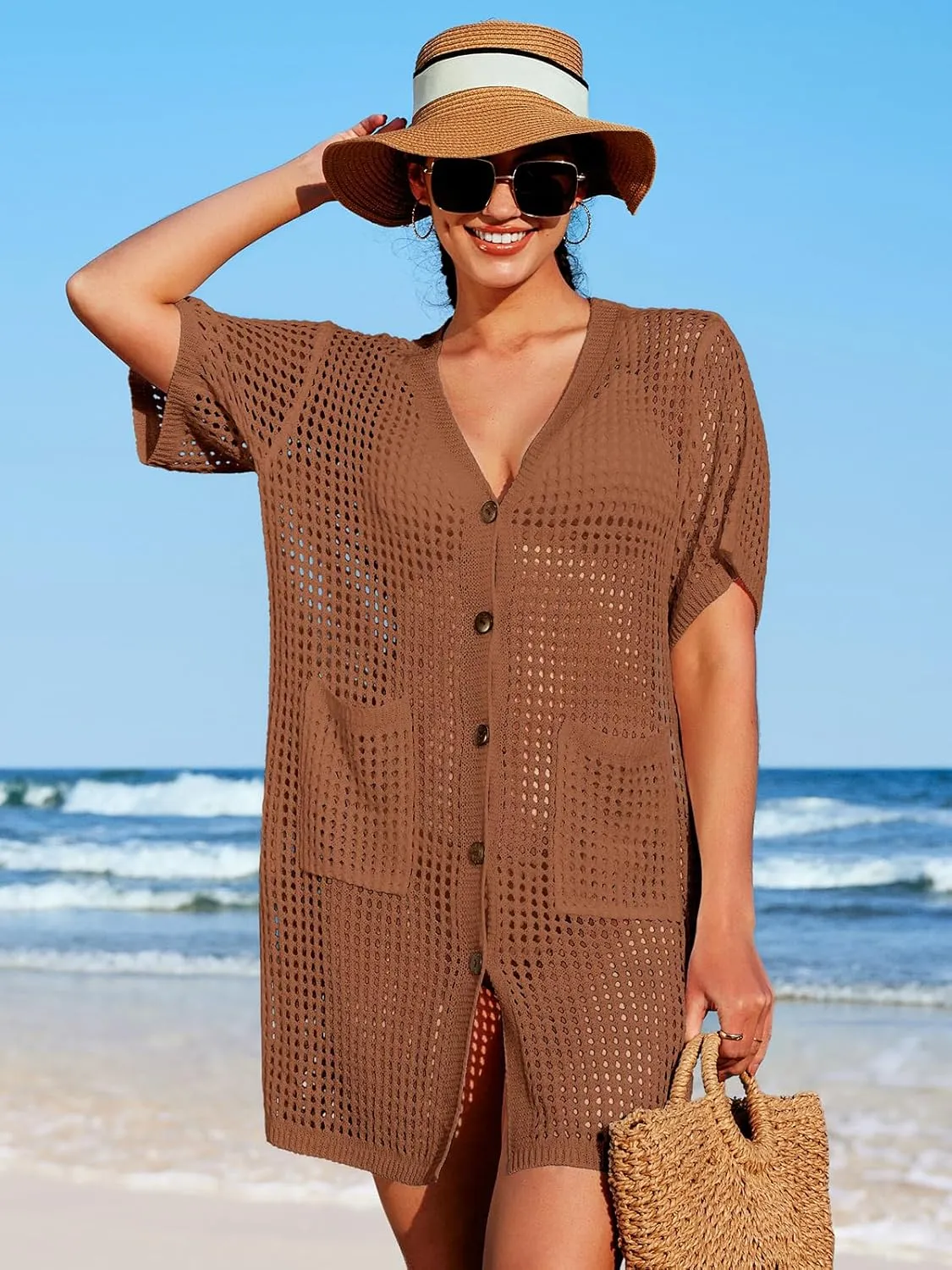 SOCIALA Swimsuit Cover up Women Button down Crochet Beach Dress Side Split Swim Bathing Suit Coverups Pocket Swimwear