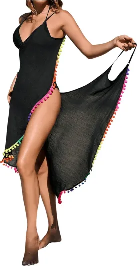 Verdusa Women's V Neck Open Back Beach Cover Up Contrast Trim Sleeveless Wrap Dress