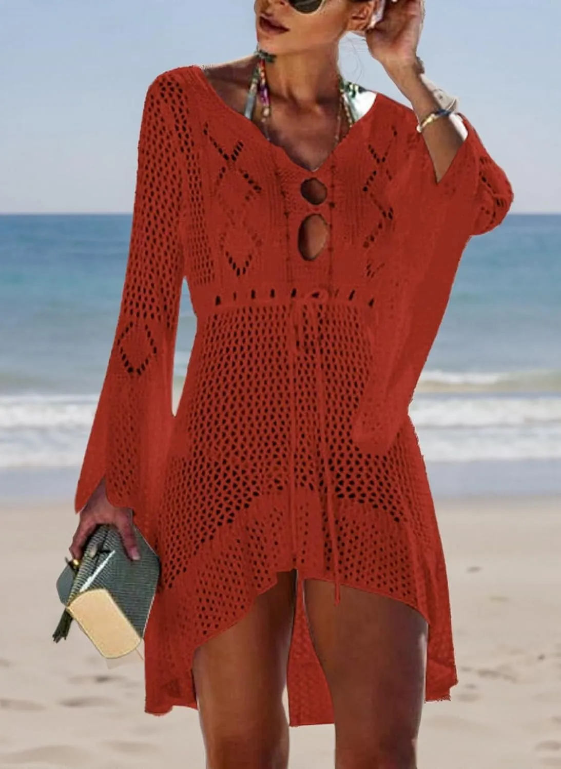 Wander Agio Beach Tops Sexy Floral Coverup Dresses Bikini Cover-ups Net Hollow Out